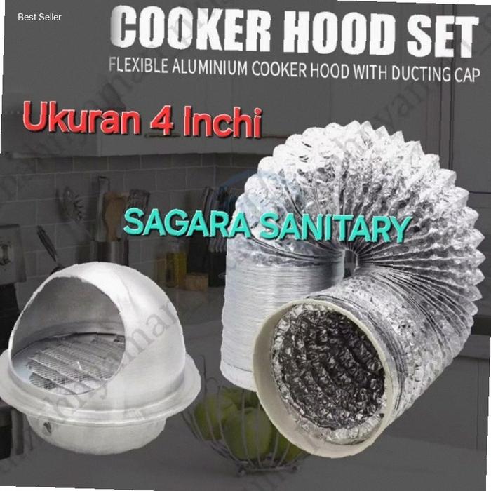 Paket pipa exhaust 4 in (10,2 cm) + vent cap stainless + klem / selang pipa eksos sekai dll | Kekini