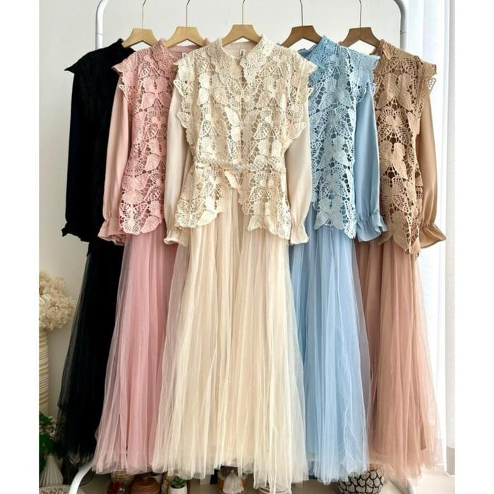 Gamis/Dress tutu bkk import,mix rompi lepas brokat tile cantik,include beld mutiara dan overall sof