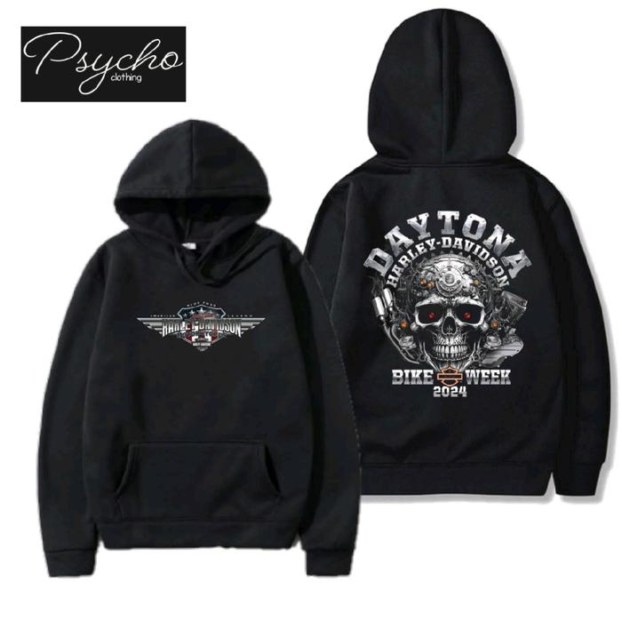 Hoodie hitam sweater Harley Davidson jaket pria distro psycho Jumper Motif Zipper Fleece
