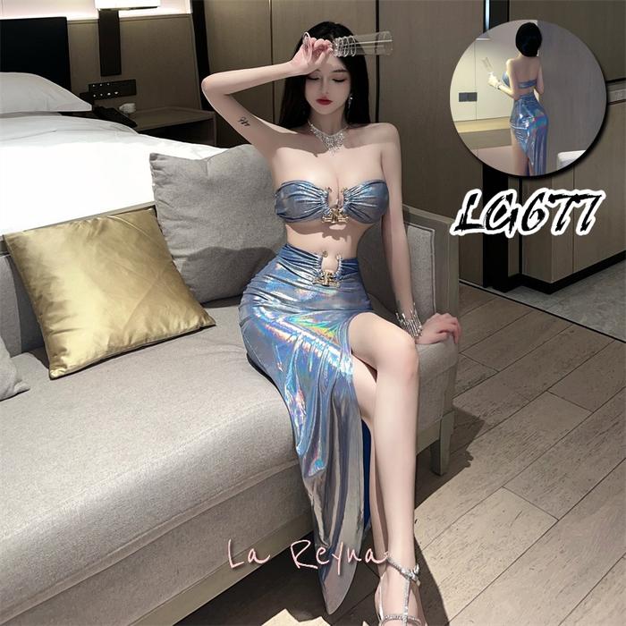 Lareyna Sexy Lingerie Holographic Blue Crop Top & Rok Belahan Tinggi LG677