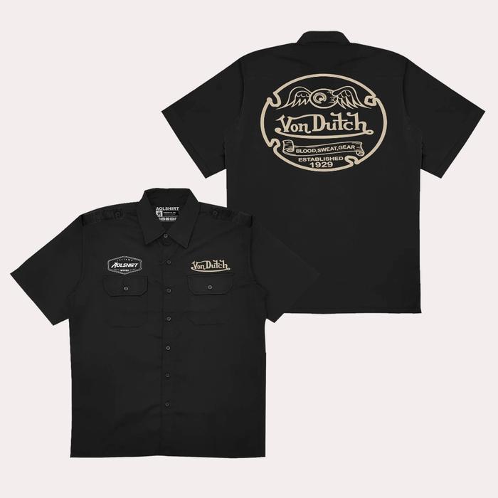 AOLSHIRT Kemeja Drill Hitam Pria Von Dutch Blood Sweet Gear - M