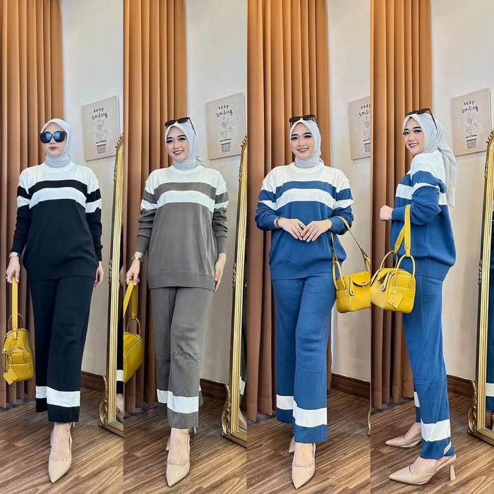 Raisha Set / Celana + Baju Bahan Knit Wanita Setcel Casual Murah Terbaru 2024 Kekinian Viral Bisa (