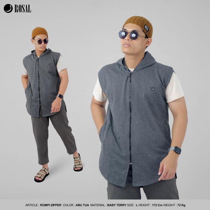 Rompi Zipper ROSAL Abu - Rompi Sholat Pria Hoodie Bahan Baby Terry Tebal Hangat Praktis Resleting