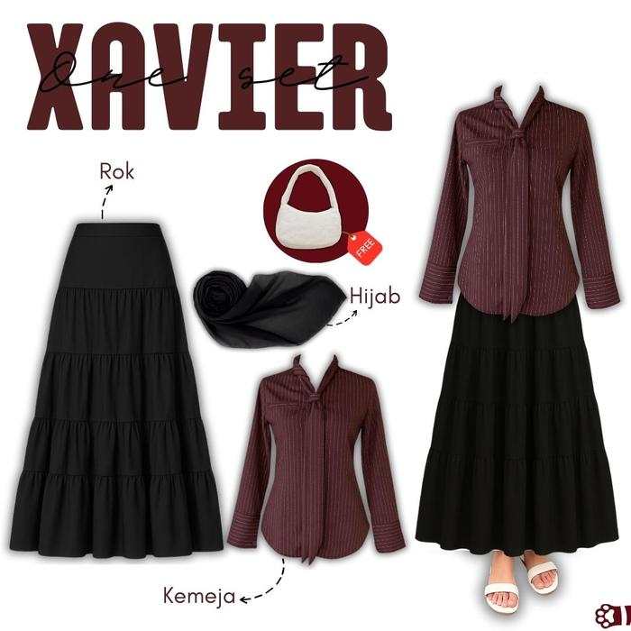 Xavier Oneset slim fit Remaja(Kemeja whipsie,rok rufle hitam,hijab)Outfit termurah free bag-PS66
