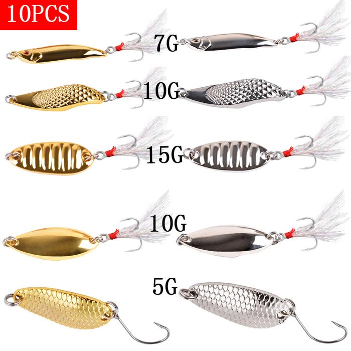 10PCS/Lot Lure Metal Spinner Lure Spoon Set Gold Fishing Spinner Lure