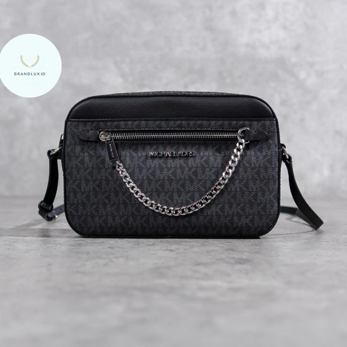 Brandluxid MK Monogram Grey Chain Camera Bag with Long Strap in Black