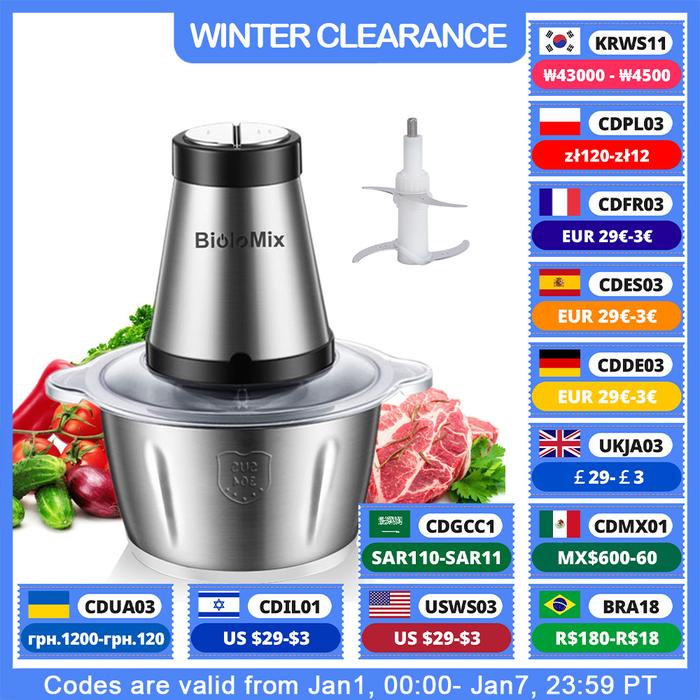 BioloMix 2 Speeds 500W Stainless Steel 2L Capacity Electric Chopper Meat Grinder Mincer Food Process