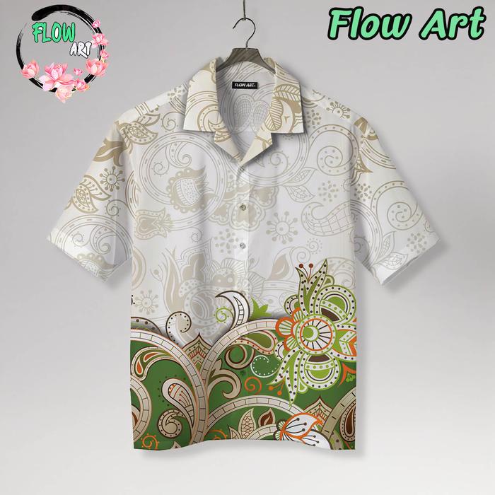 FLOW ART Kemeja Batik Motif Bunga Hijau Daun Style Fashion Print | FA113