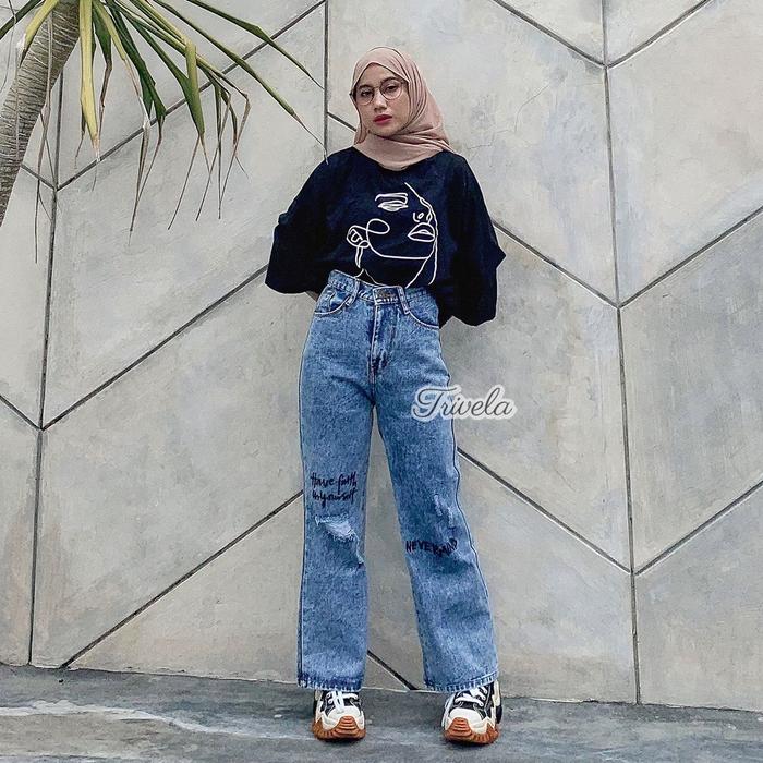 Trivela - Nevermind Loose Jeans Kulot Loose Bordir Sobek Nevermind
