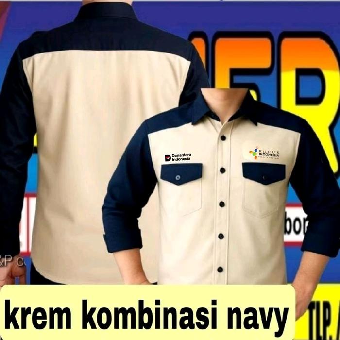 ready stok krem kombinasi navy Kemeja pupuk Indonesia baju pupuk Indonesia seragam pupuk Indonesia h