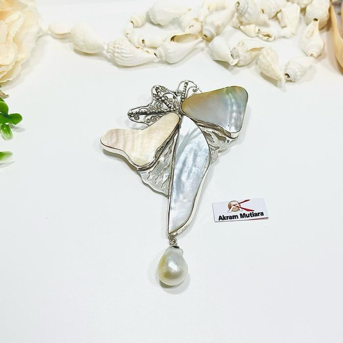 Bros perak kerang handmade mutiara air laut baroque/ bros handmade kerang mutiara air laut