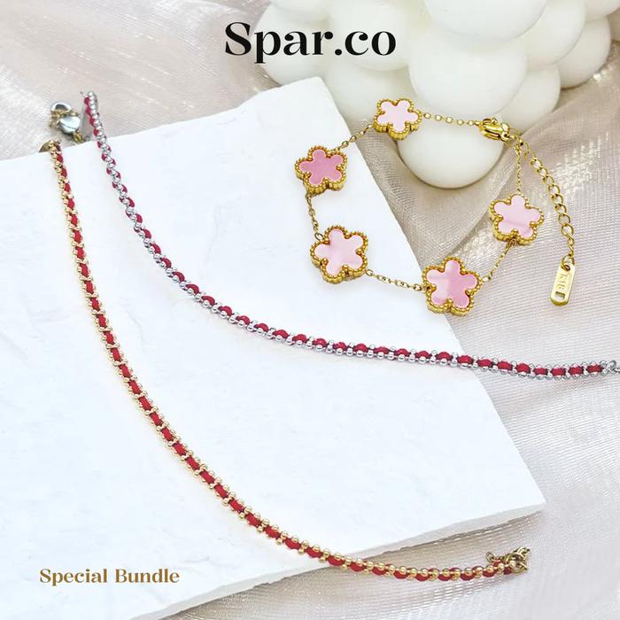 Spar.co Bundle Set Gelang Kombinasi Tali Merah Dan Gelang Titanium Dengan Charm Bunga Pink Bracelet 