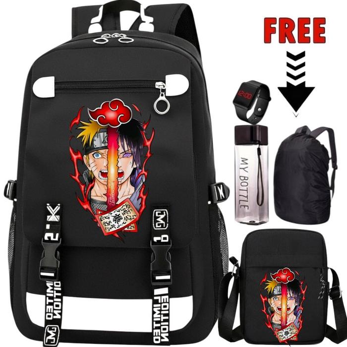 Ransel NARUTO Tas Ransel Sekolah Anti Air Terbaru Anak Laki-Laki Remaja Paket 5in1 NARUTO VS SASUEKE