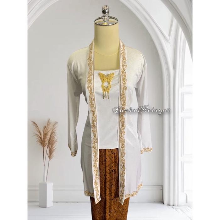 Setelan Kebaya Tunik Bordir Gold + Jarik Wiru Plisket Motif Sidomukti
