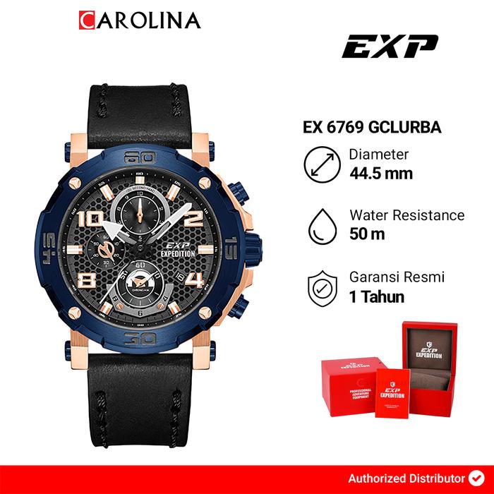 Jam Tangan Pria Expedition Chronograph EXP EX 6769 GCLURBA Blue Bezel Black Dial Black Leather Strap
