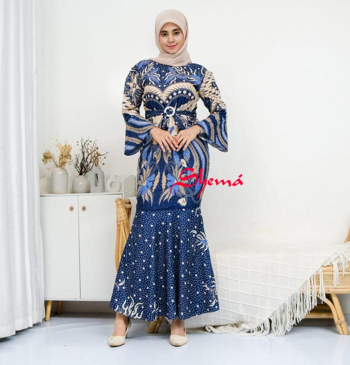 GAMIS BATIK DUYUNG GARUDA BIRU GAUN PESTA KEKINIAN MEWAH TERBARU Katun Poliester Bunga Polos Navy Dr