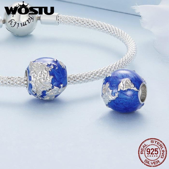 WOSTU 925 Sterling Silve Blue Crystal Heart Lock Pendant Crown Charm Earth World Beads Fit Original 
