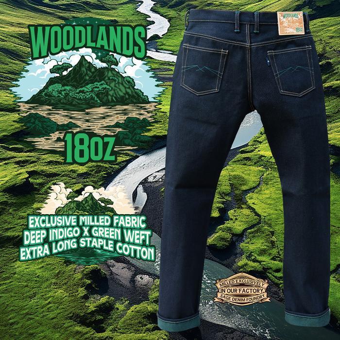 Celana Sage Denim Woodlands 18oz Unsanforized Deep Indigo x Green - 27 Slim Cut, Bahan Kain Eksklusi