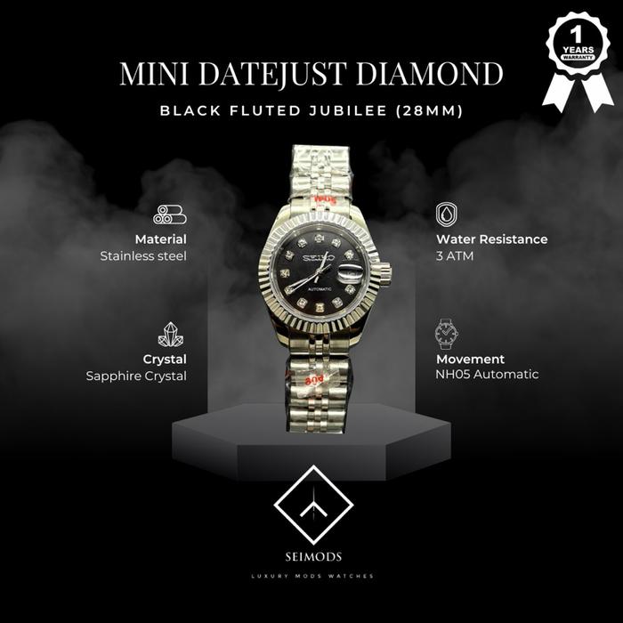 Jam Tangan Seiko Mod Datejust Mini Lady 28mm Black Diamond Jubilee NH05 Automatic Wanita