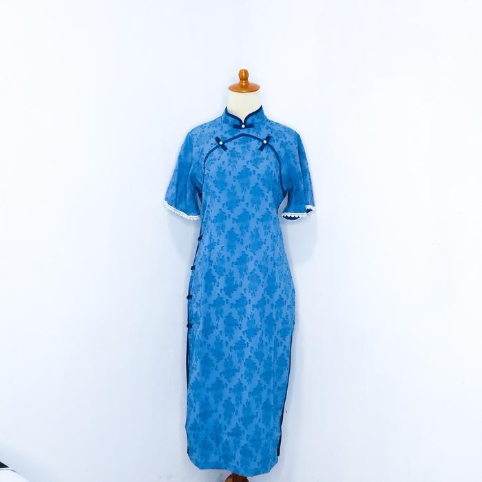 10 - Dress Cheongsam Biru Qipao Brokat / Dress Import / Dress Cina / Dress Sangjit / Dress China / M