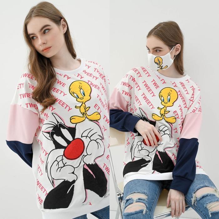 Sweater Motif Tweety Twotone Bordir Wanita Santai Crewneck Sweatshirt Panjang Tangan Kombinasi Maske