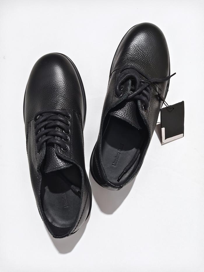 Massimo Dutti Black Leather Derby Shoes with Grainy Finish - Sepatu Formal Kerja Office Executive Pr
