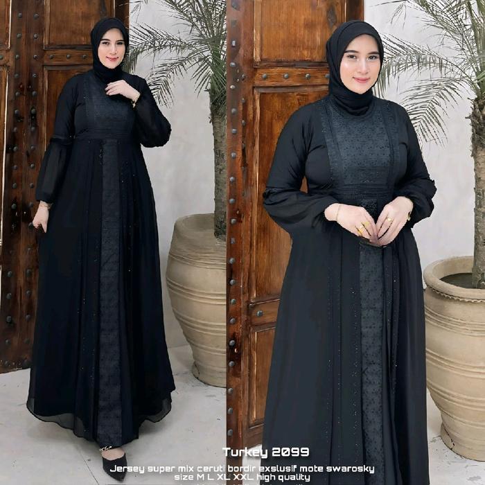 Abaya turkey hitam putih hijau army tossca navy milo model terbaru kombinasi renda bordir bahan ceru