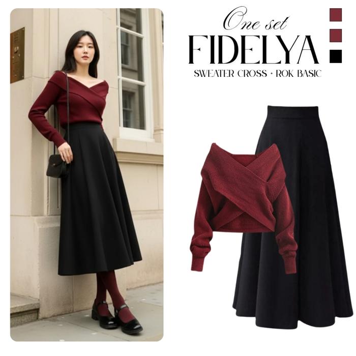 NEW Oneset Wanita ( Sweater Maroon + Rok Hitam ) Set Remaja Korean Look Stylish Outfit Gereja Kekini