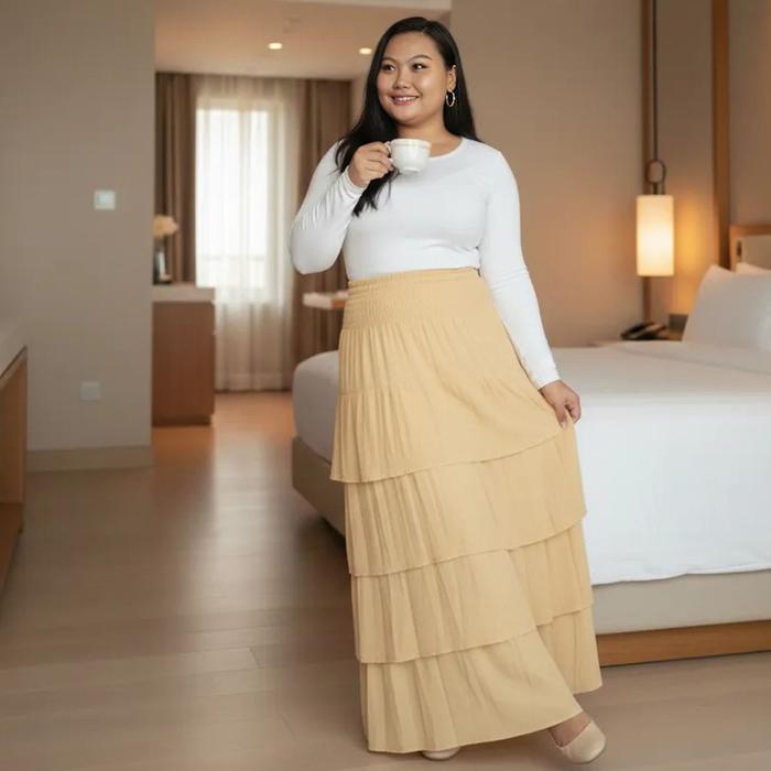 Rok Tumpuk Panjang Ruffle Rayon Karet Kerut Elegant