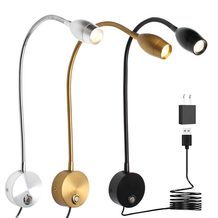 3W Dimmable Flexible Gooseneck Wall Lamp With Switch USB for Bedroom Bedside Study Wall Light Wall M