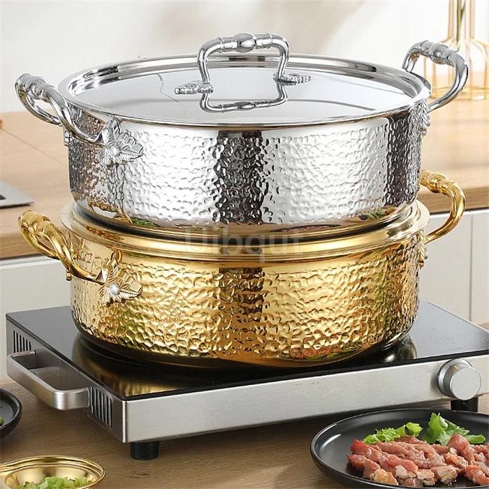 304 stainless steel hotpot Italian manual hammer printing pot 3-layer steel clear soup pot Commerci
