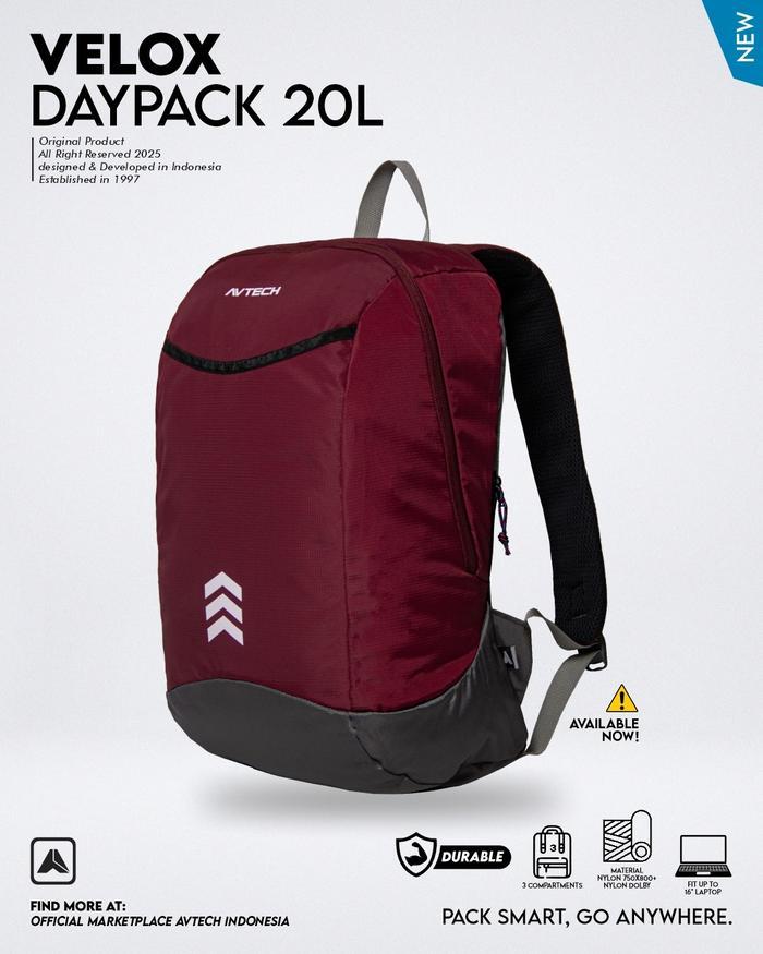KOMPLIT AVTECH - Tas Ransel Daypack Laptop Harian Sekolah Kerja Travel Bag Lifestyle 20 Liter - VELO