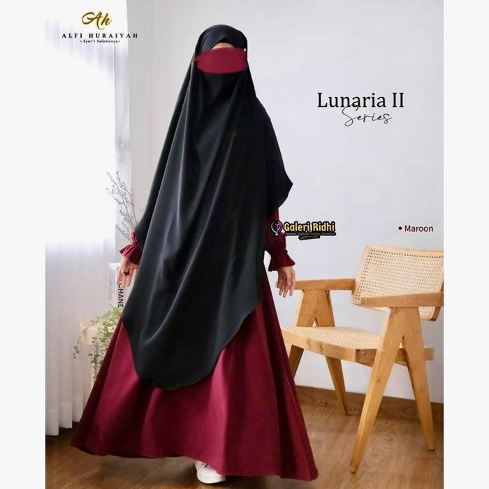 (Gamis & Khimar Maroon) Set Setelan Gamis Lunaria 1 Alfi Huraiyah Maroon Fk French Khimar Cadar Inst