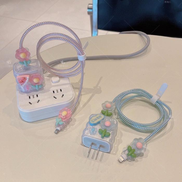Pelindung Kabel Charger iPhone Bunga Full Set 5 in 1 Case Charger iPhone 18/20 W Berlaku Untuk iPhon