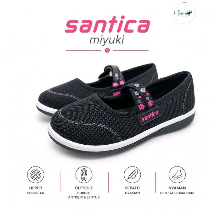 Santica Miyuki Sepatu Anak Perempuan Nyaman Upper Poliester Outsole Karet Antislip Lentur Warna Hita
