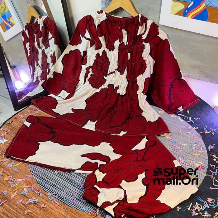 JUWITA Oneset Smoke Motif Ivana Setelan Celana Rayon Jumbo Wanita