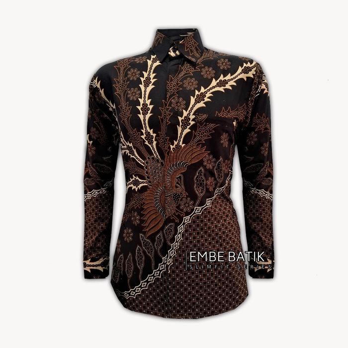 EMBE BATIK Kemeja Batik Slim Fit Premium Pria Lengan Panjang Motif Merak Coklat Item penjualan panas