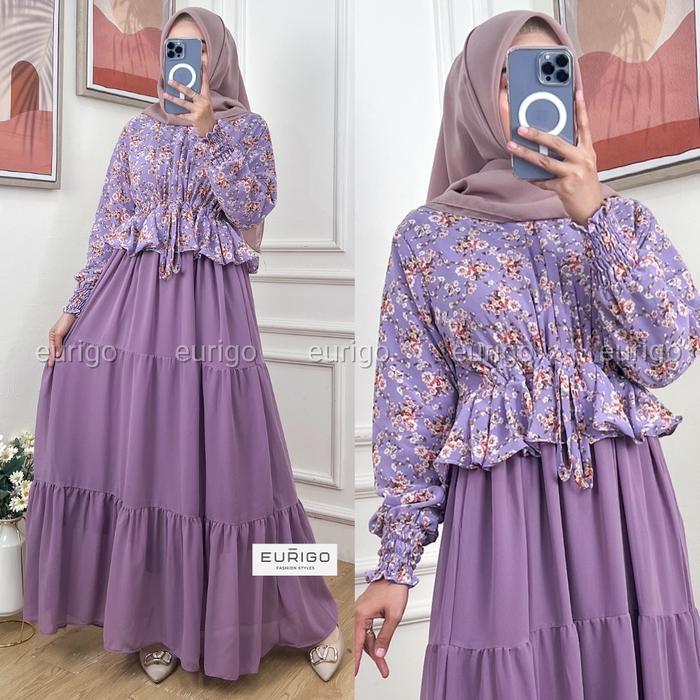 Tiara Maxy - Gamis Wanita Ceruty Full Furing Resleting Depan Serut Pinggang / 563-7271 Maxi Dress Mu