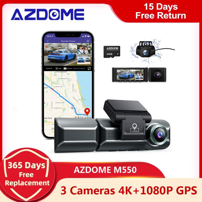 AZDOME M550 3 Channel Dash Cam, Front Inside Rear Three Way Car Dash
