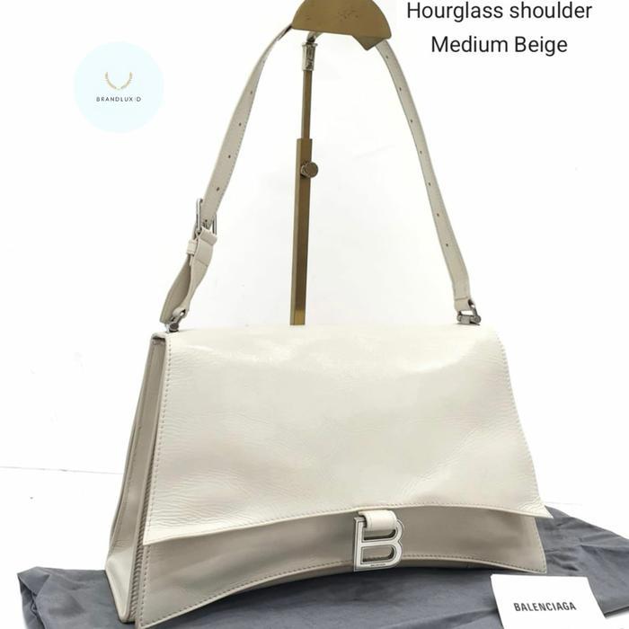 BALENCIAGA SMALL & MEDIUM HOURGLASS CRUSH SHOULDERBAG LEATHER CREAM BEIGE SHW