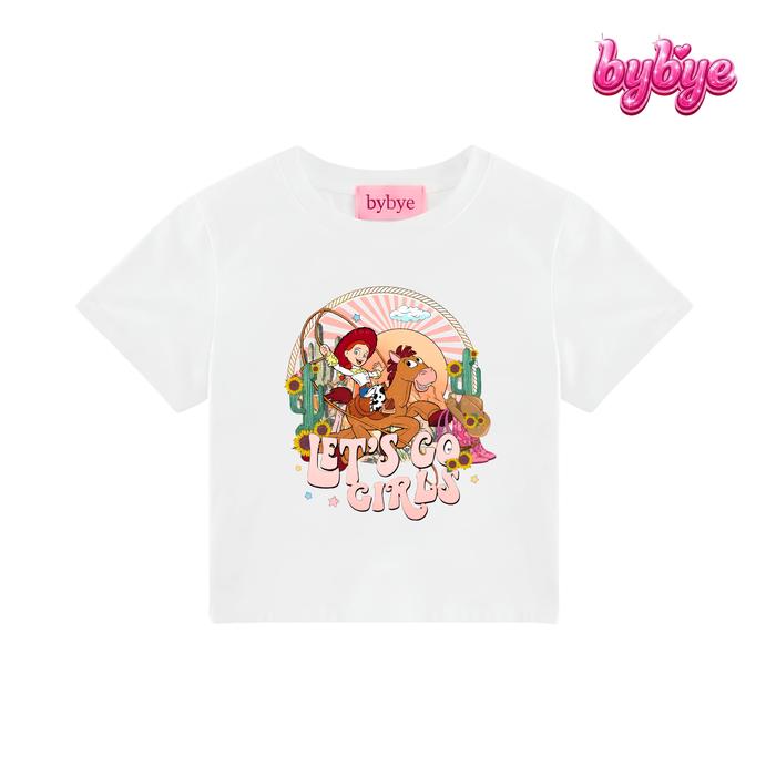Baju Kaos Crop Top Wanita Vintage Aesthetic Motif Let's Go Girls Toy Story Cowgirl Graphic Tee White