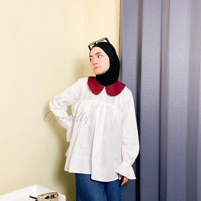 OURSALLY | RUBY BLOUSE | BLOUSE PUTIH KERAH MERAH RENDA Cantik Panjang
