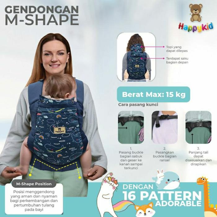 Happykid Gendongan M-Shape | Gendongan Depan M-Shape 2 Position | Gendongan Ransel Bayi 2 Posisi Hap