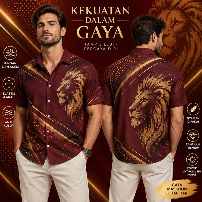 Kemeja Pria Lengan Pendek Motif Singa Emas Garis Diagonal Warna Maroon, Kerah Rapi, Kancing Depan, G