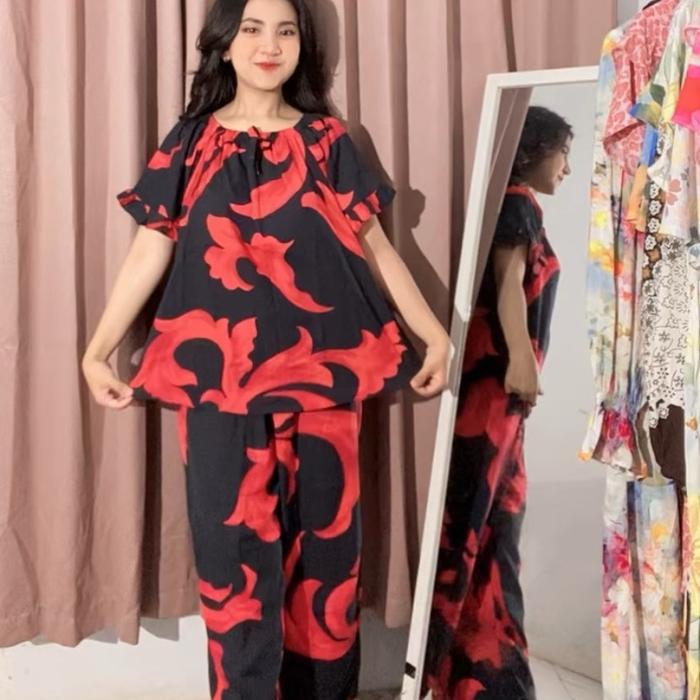 Piyama tidur selina celana panjang baju lengan pendek ruffle jumbo aksen pita dan karet dada Setelan