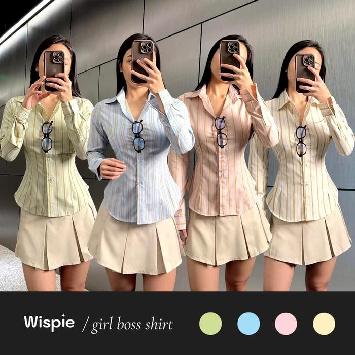 POWER SHOP Wispie Girl Boss Fitted Shirt | Kemeja kerja wanita fit garis strip karet Lembut pink hij
