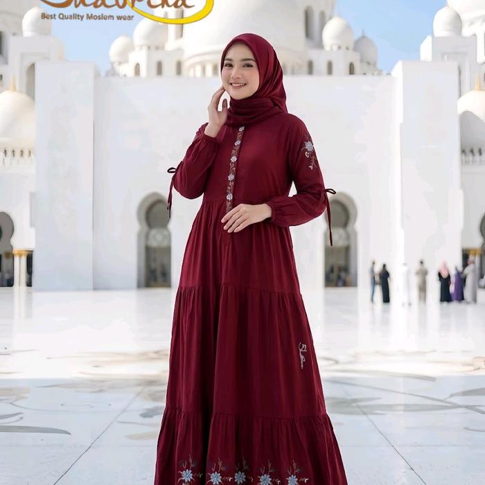 Gamis Shabrina Rania Bordir Bunga Eksklusif Rok Bersusun Lengan Kerut Tali Manis Warna Maroon Red An