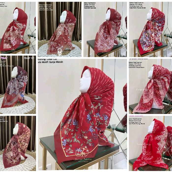 Edisi Merah - Hijab Voal Motif Premium Maroon Bata Jilbab Segiempat Lasercut