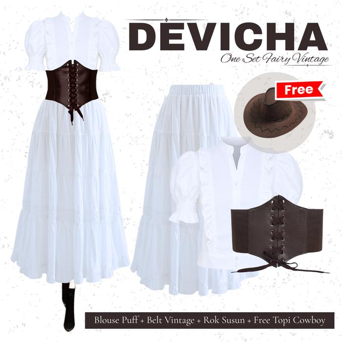 [Non Hijab] One Set Wanita Vintage Kekinian | Retro Set Rok Ruffle + Belt + Blouse + Topi | PS074