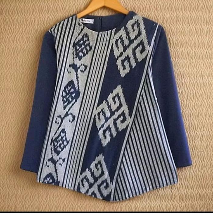 blus tenun Jepara motif lurik paruki navy abu
